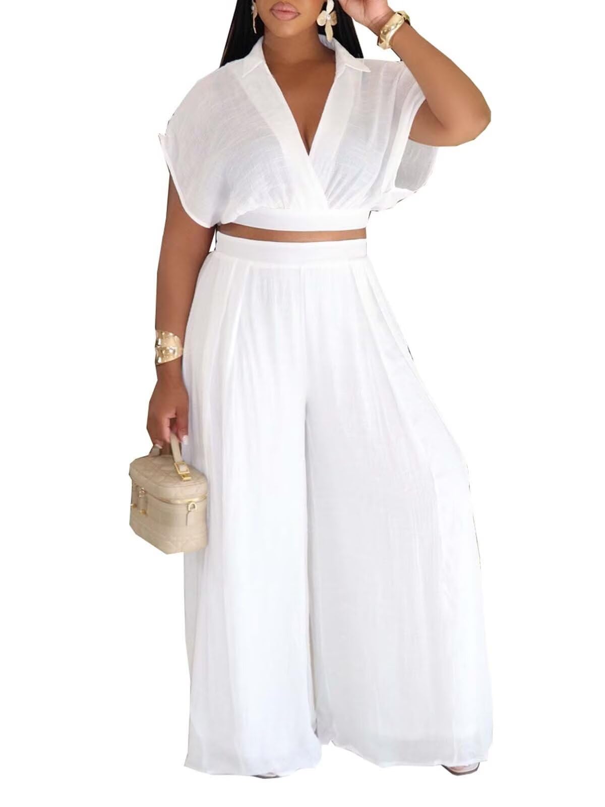 Photo 1 of KEYUFANG Women's Casual 2 Piece Outfits Short Sleeve Cap Sleeve V Neck Tops Wide Leg Pants Sets Jumpsuits with Pockets White XXL