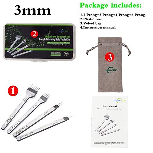 Aiskaer White Steel 3mm 1/2/4/6 Prong DIY Diamond Lacing Stitching Chisel Set Leather Craft Kits(3mm) - Thumbnail 6