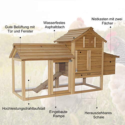 PawHut Zwerghühnerstall Zwerghühnerhaus mit Nistkasten Zwerghühnervoliere Auslauf Geflügelstall mit Rampe Tannenholz Natur 150,5 x 54 x 87 cm – Bild 5