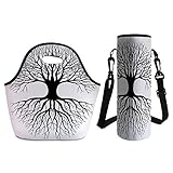 3D Print Neoprene lunch Bag with Kit Neoprene Bottle Cover,Tree of Life,Plant Silhouette Roots and Branches Reflection Shadow Monochrome Illustration,Black White,for Adults Kids