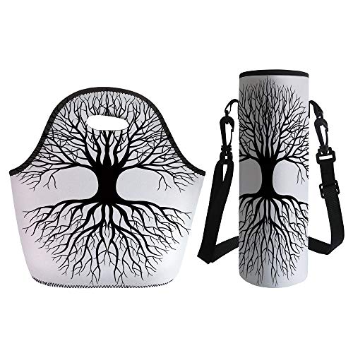 3D Print Neoprene lunch Bag with Kit Neoprene Bottle Cover,Tree of Life,Plant Silhouette Roots and Branches Reflection Shadow Monochrome Illustration,Black White,for Adults Kids