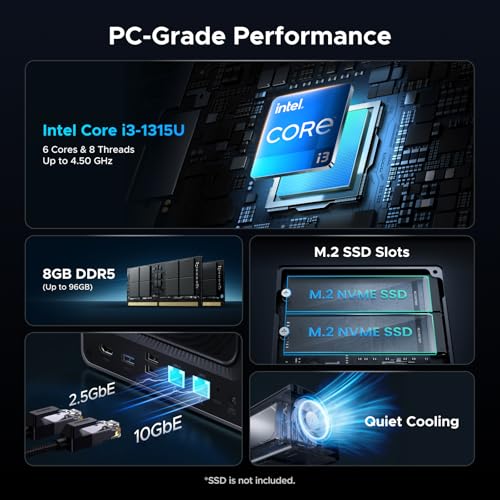 UGREEN NAS DXP4800 Pro 4-Bay Desktop NAS, Intel® Core™ i3-1315U 6-Core CPU, 8GB DDR5 RAM, Built-in 128G SSD, 1x 10GbE, 1x 2.5GbE, 2X M.2 NVMe Slots, 4K HDMI, Network Attached Storage (Diskless)