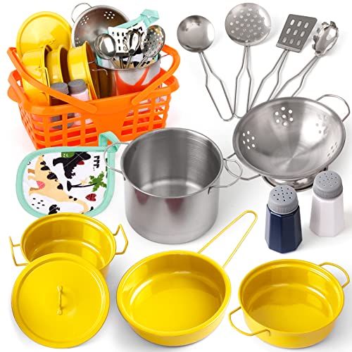 Veitch fairytales Kids Play Kitchen Toy Accessories Set Toddler Cooking Playset for Girls Boys Including Colorful Pots and Pans (Yellow)