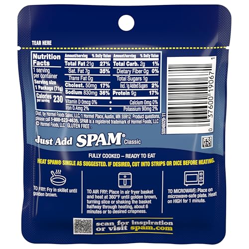 SPAM CLASSIC SINGLE, 9 GRAMS OF PROTEIN PER SERVING, 2.5 OZ SINGLE POUCHES, (12 PACK)