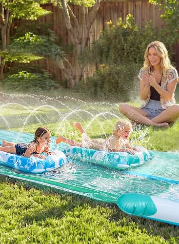 JOYIN 32.5ft/999cm Water Slide with 2 Inflatable Boards, Extra Long Heavy Duty Double Slide with Sprinkler, Summer Toy for Kids and Adults, Blue, Light Blue