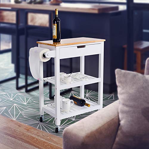 U-Eway Kitchen Rolling Island,Bar Serving Cart on Wheels,3 Tiers Wine Tea Beer Shelves Holder with Drawer,Trolley with Storage for Dining Rooms Kitchens (White)