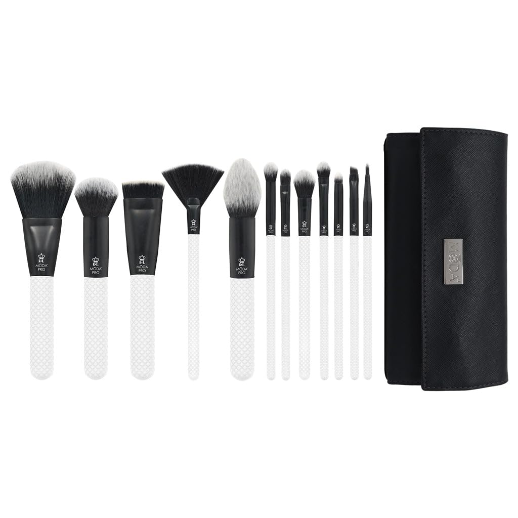 MODA Pro Full Face 13PC Makeup Brush Set with Travel Pouch - White