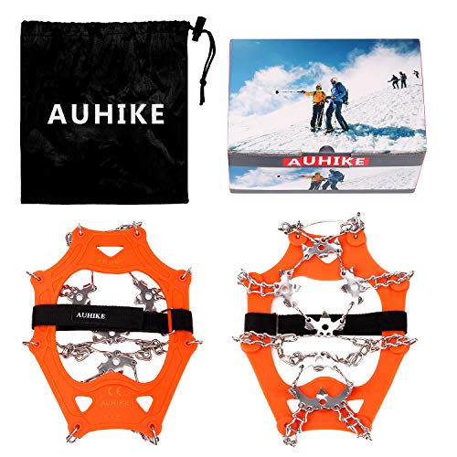 AUHIKE 19 Teeth Claws Crampons [Updated Version],Non-Slip Shoes Cover with Stainless Steel Chain for for Hiking Fishing Climbing Jogging Mountaineering Walking on Snow and Ice (Orange, L) - Thumbnail 6