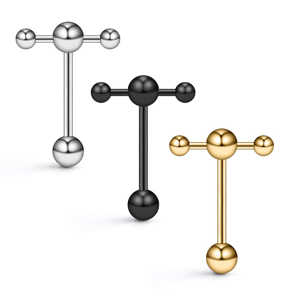 Ruifan 3 piercings de acero inoxidable en forma de T con barra recta superior para lengua, 14 G, 5/8 pulgadas (16 mm), color mezclado 2 #