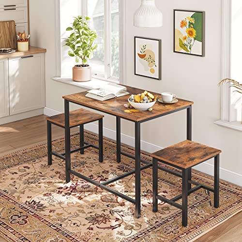 HOOBRO 3-Piece Bar Table Set, 80cm Rectangular Counter Height Pub Table with 2 Stools, Rusitc Brown Small Dining Table with Black Metal Frame, ‌Space-saving Kitchen Breakfast Table Set for Dining Room