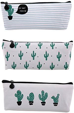 Pencil Bag,OLGY Cute Canvas Pencil Case Cactus Pen Bag Pouch Stationary Case Makeup Cosmetic Bag, Pack of 3 PCS.