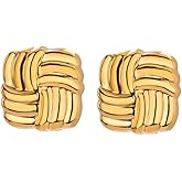 DIAMANTIO Chunky Gold Square Stud Earrings for Women – 18K Gold Plated Vintage Knot-Inspired Textured Earrings, Bold Statement Jewelry for Retro and Modern Looks