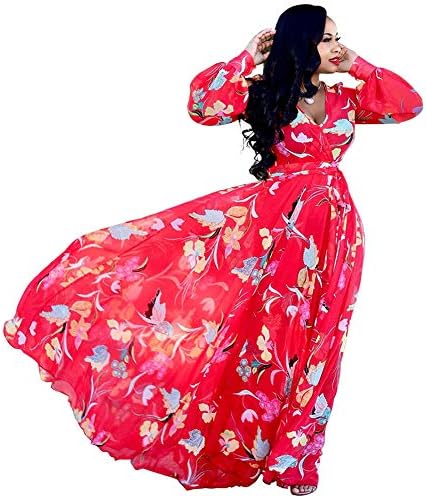 Women's Chiffon Dresses Plus Size V-Neck Stylish Printed Floral Maxi Dress with Belt Oversize S-5X