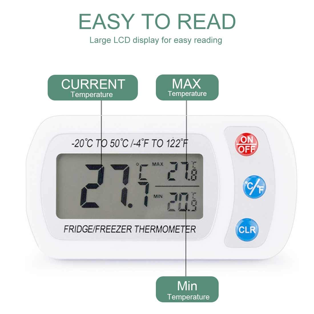 Impermeable Digital Termómetro,Termómetro para Frigoríficos,Termómetro LCD Inalámbrico -Blanco