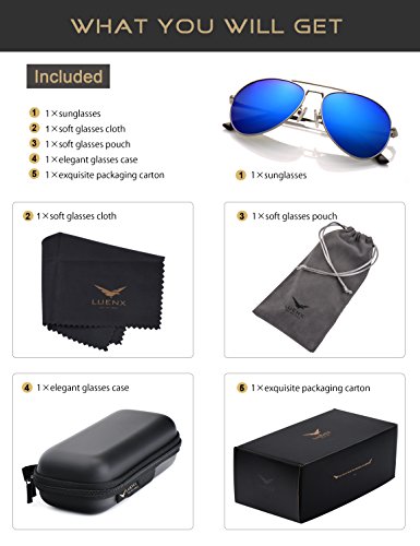 LUENX Aviator Sunglasses Men Women Polarized with Case - UV 400 Mirror Blue Lens Metal Siver Frame 60mm (Dark Blue -6, 60)