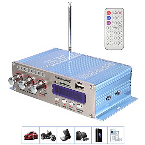 Car Amplifier , YESSHOW Mini Hi-Fi Bluetooth Stereo Digital Power Amplifier Digi AMP Booster Audio Music Player with Remote Control Support FM MP3 SD USB DVD for Auto Car Boat Motorcycle Home [Blue]