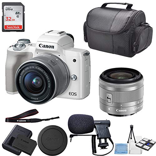 Canon EOS M50 Mirrorless Digital Camera (White) with 15-45mm Lens (Silver) + 32GB SD Memory + Premium Microphone + Professional Carrying Case + Camera Deluxe Starter Kit