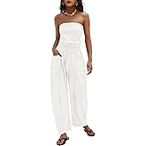 LAMISSCHE Womens Casual Strapless Jumpsuits off the Shoulder Summer Rompers Sleeveless One Piece Outfits with Pockets