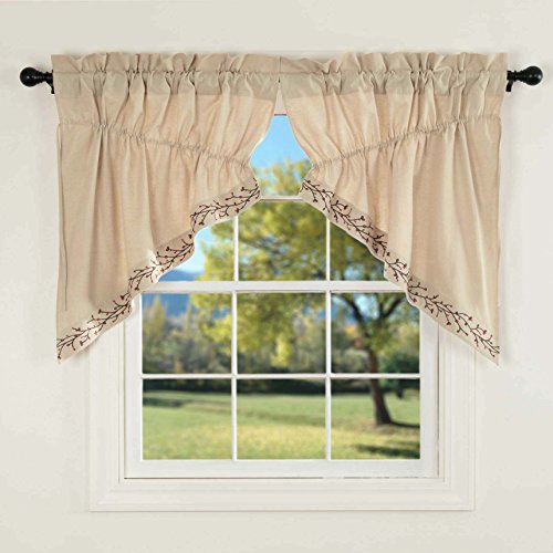 Piper Classics Twig & Berry Vine Prairie Gathered Swag Curtains, 36" Long, Beige w/Embroidered Berries, Farmhouse Country Primitive Window Treatment