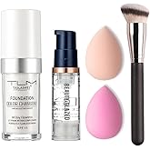 5PCS TLM Colour Changing Foundation Makeup Set Matte Liquid Full Coverage Oil Control Breathable Invisible Cover Concealer Foundation with Face Primer, Foundation Brush, Makeup Sponge
