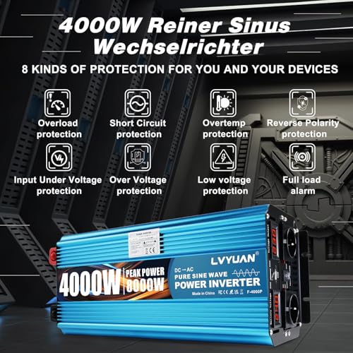 LVYUAN 24V 220V 4000W/8000W Pure Sine Inverter Transformer 2 EU AC Sockets, USB, Wireless Remote Control and LED Display for Solar Systems, Car, Camping, Travel
