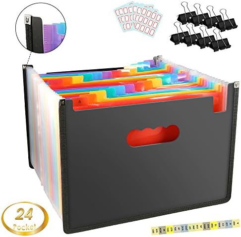 Zonama Multicolor 24 Pocket Expanding File Folder Organizer, Portable Expanding Wallets A4/Letter Size Document Organizer File Box for Office/Business/Home, Labels and Binder Clips Included
