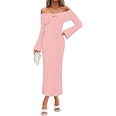 Saodimallsu Womens Off The Shoulder Maxi Sweater Dress Long Sleeve Bodycon Elegant Ribbed Knit Fall Midi Dresses