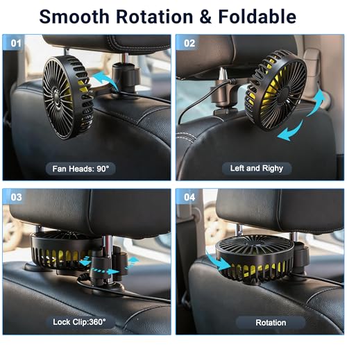 Qidoe USB Car Fan for Rear Seat and Kids with 3 Speeds and 360° Rotation Compatible with Cars, SUV, Truck, Caravan, Boat, Motorhome