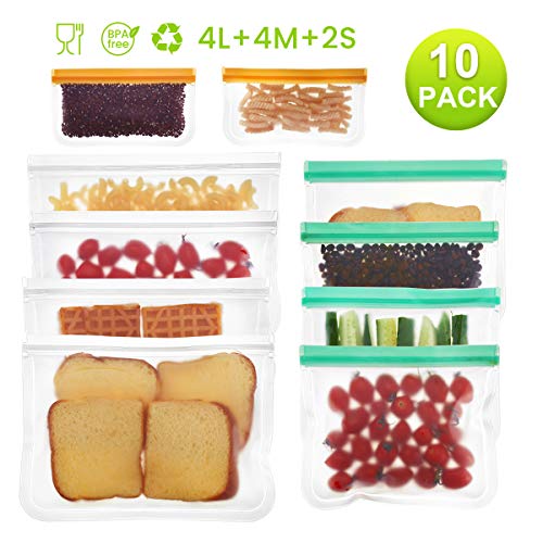 Reusable Food Storage Bags, Godmorn 10 Pack (4 Large Food Bags+4 Sandwich Bags+2 Snacks Bags) Leakproof BPA-Free Reusable Lunch Bags Ziplock Bags, Extra Thick FDA Food Grade Organizer,Freezer Safe