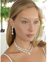 mariell Regal Silver 2 Fila Rhinestone Crystal Collar y Aretes Set para damas de honor Prom, Novias y