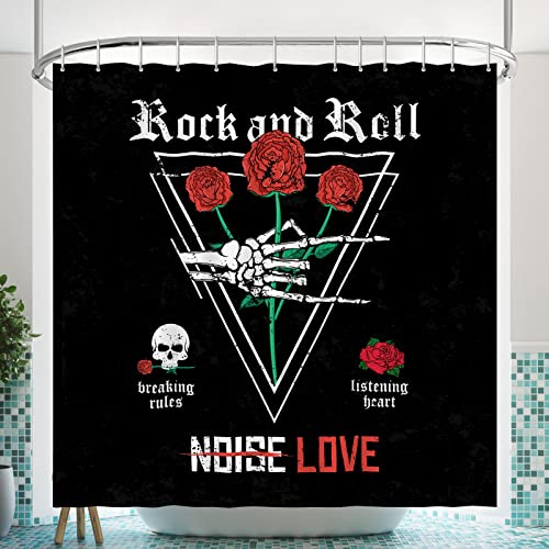 Mokonate Rock and Roll Skull Love Music Shower Curtain Funny Gothic Skull and Rose Black Backdrop Bathroom Decor Set Waterproof Fabric Polyester Bath Accessories with 12 Hooks 72\'\'×72\'\'
