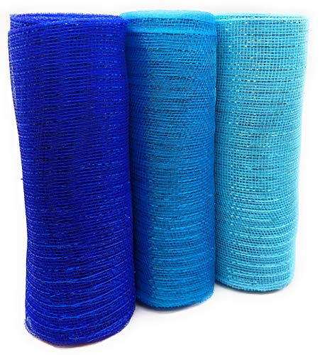 Shades of Blue Decorative 10" Wide, 10 Yard Mesh Rolls for Crafting Wire Wreaths (Royal Blue, Turquoise, Light Blue)