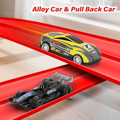 5m Flexible Car Race Track, Fits Hot Wheels & Diecast 1/64 Cars, Roll-Up Loop Track with 4 Mini Cars and 8 Suction Cups, Portable Flex Track Toy Gift for Kids Ages 3+