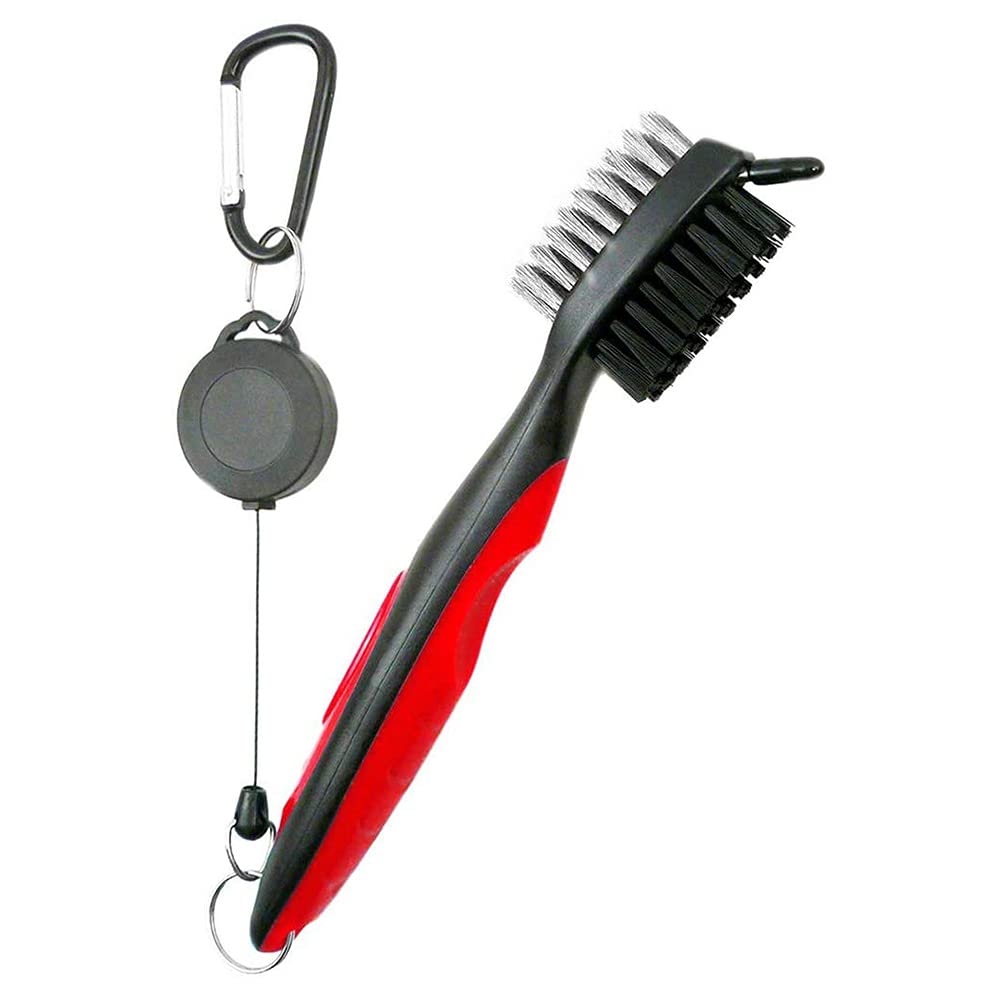 ANCLLO Golf Brush with Groove Cleaner, Nylon and Steel Golf Club Brush Portable Golf Clean Tool with Adjustable Aluminum Carabiner for Hanging on Golf Bag(Red)