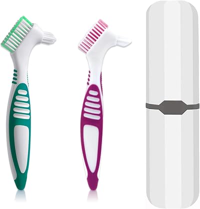 Ceonam Denture Brush 2 Pcs with White Carry Case Multi-Tier Bristles