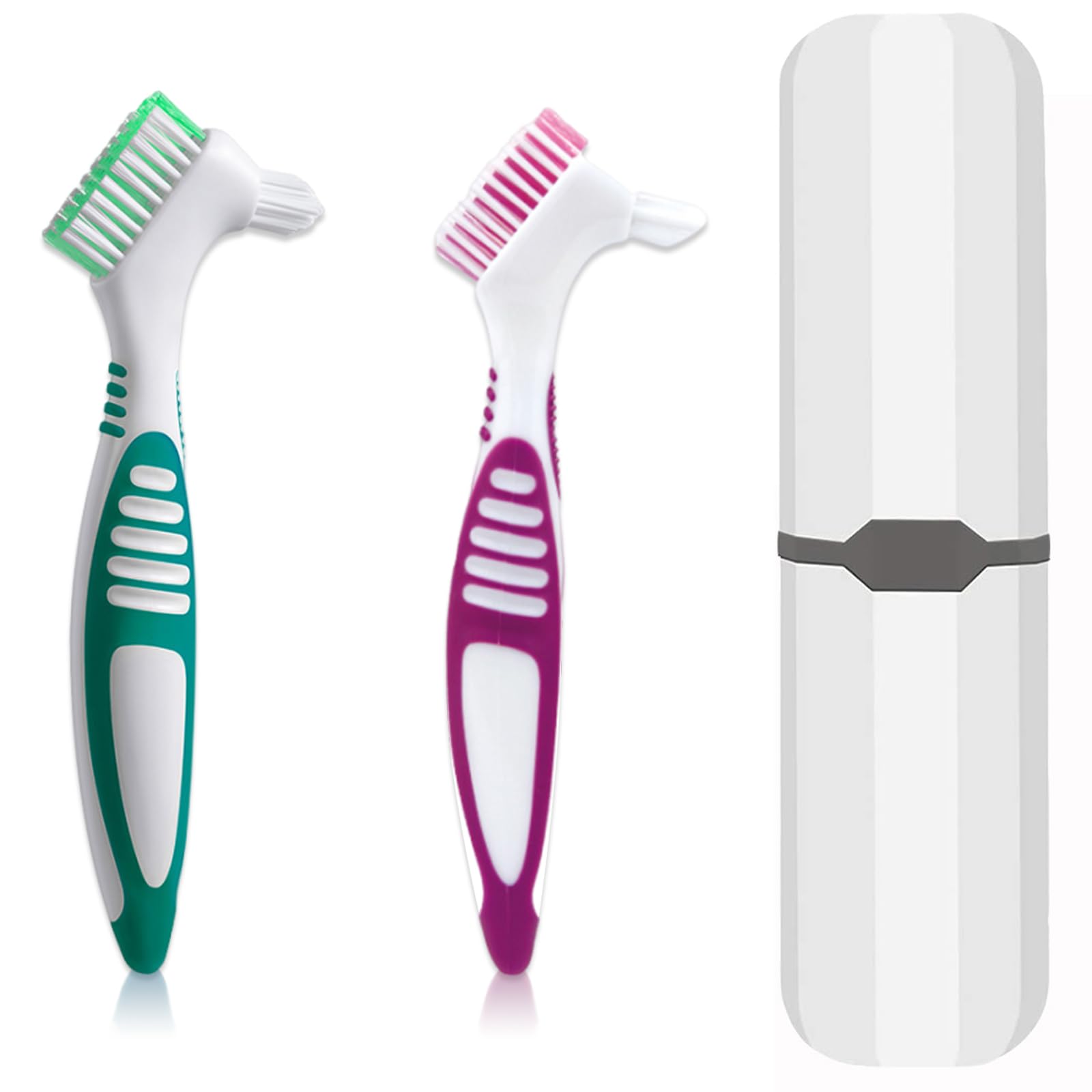 Denture Brush, 2 Pcs False Teeth Toothbrush with White Carrying Case, Multi-Tiered Bristles with Comfort Grip Handle for Effective Denture Cleaning