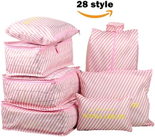 7 Set Travel Packing Organizer,Waterproof Mesh Durable Luggage Travel Cubes,1 Shoe Bag (Pink Stripe)