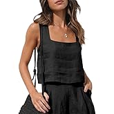 IDEALSANXUN Womens Linen Crop Tank Tops Summer Cute Sleeveless Square Neck Loose Fit Shirts Blouses