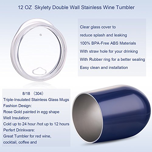 Skylety 12 oz Double-insulated Stemless Glass Wine Tumbler, Stainless Steel Tumbler Cup with Lids for Coffee, Drinks, Champagne, Cocktails (Dark Blue) - Thumbnail 2