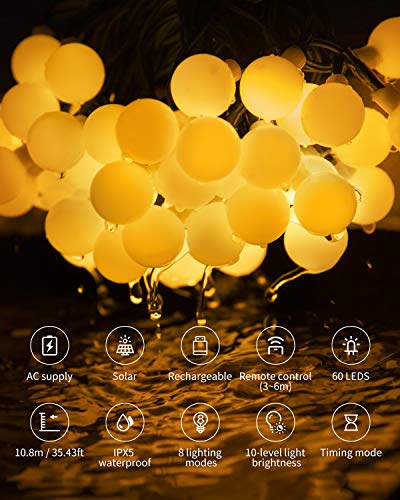 Solar String Lights Outdoor, Upgrade Version Solar+USB Powered+Remote Control 35.6ft 60LED Outdoor String Lights Waterproof IPX5, 8 Lighting Modes LED String Lights for Garden Yard Wedding Party