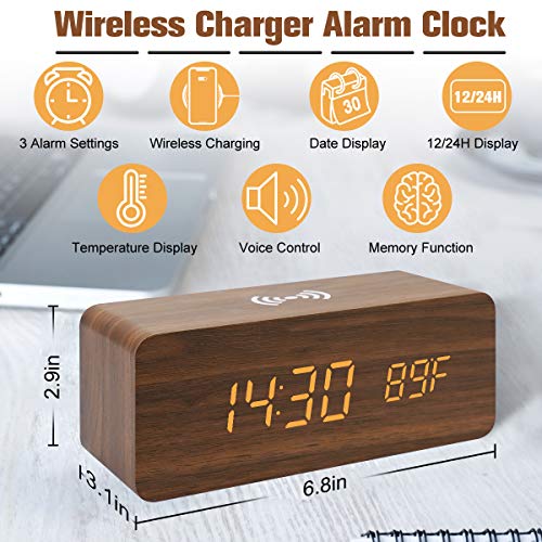 Digital Alarm Clock with Wireless Charging, LED Wood Large Display, Loud Alarm Clock for Heavy Sleepers, with USB Port, 3 Alarm Settings, Date and Temperature Displays, for Bedroom, Bedside