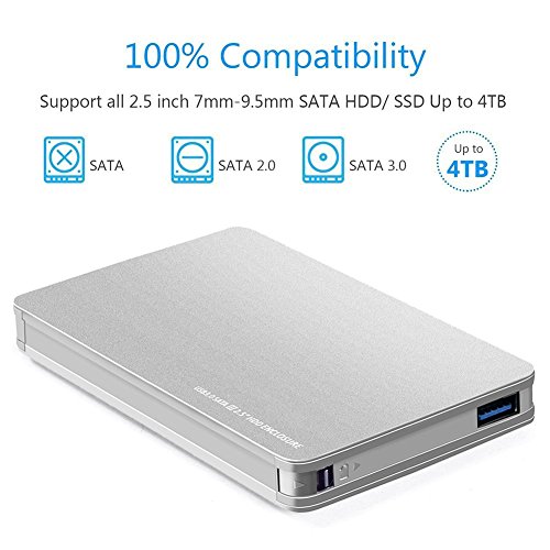 RSHTECH External Hard Drive Enclosure USB 3.0 to SATA Hard Disk Aluminum Case for 2.5 inch 7mm and 9.5mm HDD SSD [Support UASP and 4TB Drives](Silver) - Thumbnail 2