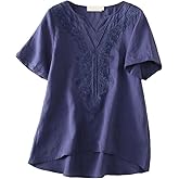 Minibee Women's Linen Shirts Summer Boho Blouse V Neck Short Sleeve Embroidered Tunic Tops