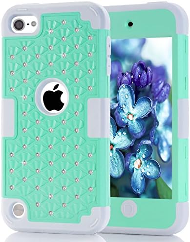 iPod touch 5 Case,iPod touch 6 Case,Liujie Diamond design Durable Hybrid 3in1 PC+Silicone Design Bumper Slim Hard Back Case Cover Compatible with Apple iPod Touch 5/6 (green+grey)