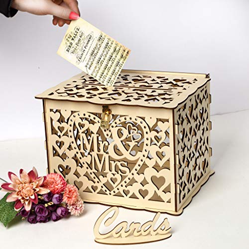 Efaster DIY Wooden Card Box with Lock,Rustic Wedding Card Box,Wedding Card Holder,Wooden Gift Boxes for Wedding Birthday Party (A)