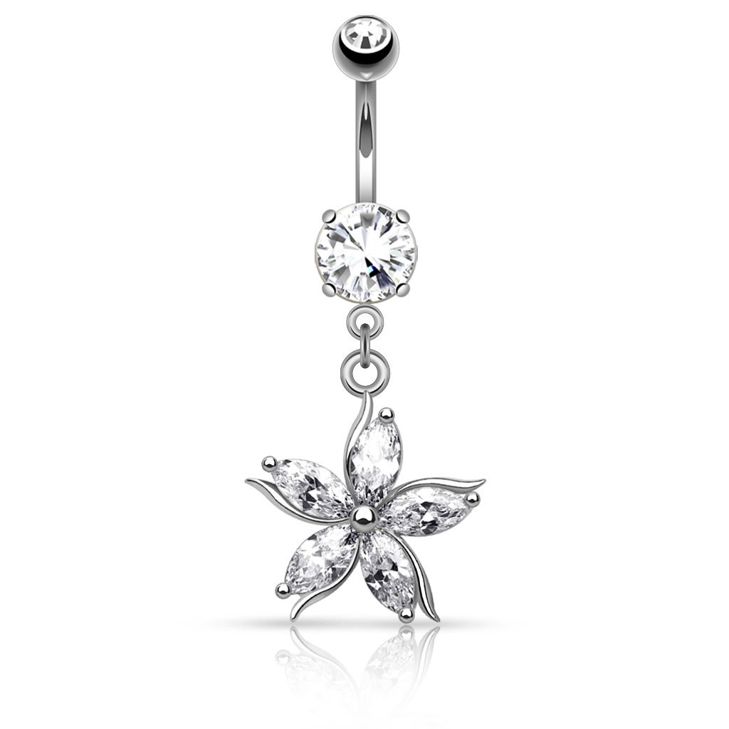 PiercedOff 316L Surgical Steel Externally Threaded Flower with CZ Petals Dangle Belly Bar - Thickness 14GA (1.6mm) / Length 10mm / Ball Size 5mm / Flower 14.5mm