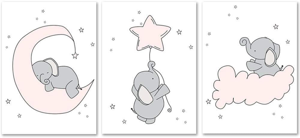 Elephant Blanc Ou Couleur Dsy Lot De 3 Posters Pour Chambre De Bebe Ou D Chambre Denfant Animaux Mur Deco Poster Mural Image La Lune Fille Garcon Decorations Murales Etoile Sans Cadre Decoration De La Maison