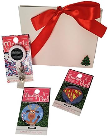 Badge Holder 3 Piece Magnetic Reel Gift Set Kit with Novelty Changeable Removable Buttons for Nurses RN with Bonus Gift Box (Badge Reel Super RN &amp; Reindeer)