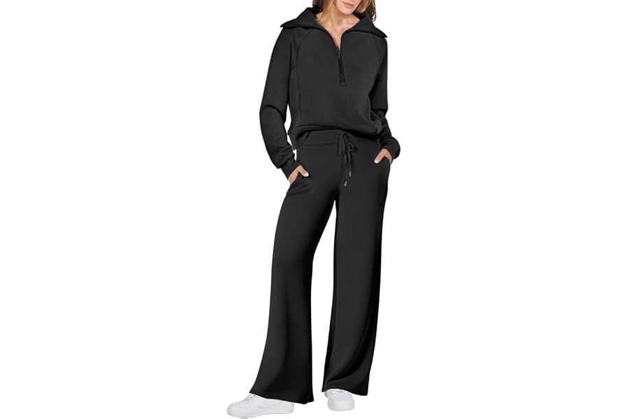 ANRABESS Women 2 Piece Set Sweatsuits Lounge Fall Outfits | Quarter Zip Pullover Wide Leg Pants & Pockets Matching Set,Casual Travel Fashion Airport Vacation Clothing,Sweat Track Suits