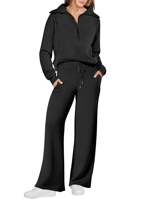 ANRABESS Women 2 Piece Outfits 2025 Fall Fashion Airport Wide Leg Pants Lounge Set Leisure Travel Vacation Clothes Sweatsuits Black Medium